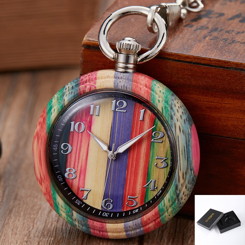 Natuurlijke Hout Zakhorloge Mannen Vrouwen Creatieve Houten Quartz Horloges Fob Ketting Hangers Kleurrijke Klok Reloj De Bolsillo: colorful with box