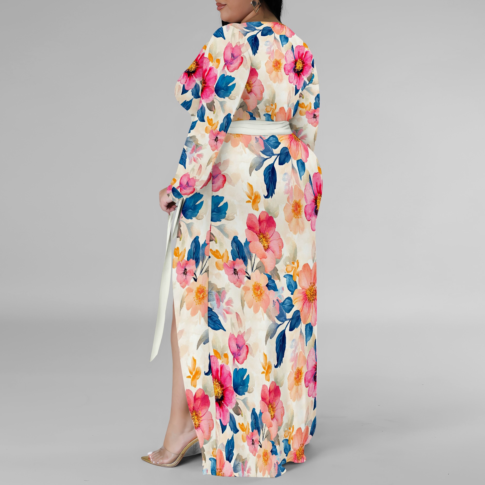 Vestido floral colorido de manga comprida plus size para mulheres, vestido maxi elegante com fenda lateral