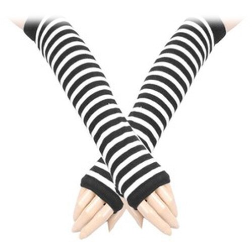 Pair White Black Stripes Acrylic Fingerless Arm Warmers Gloves for Women