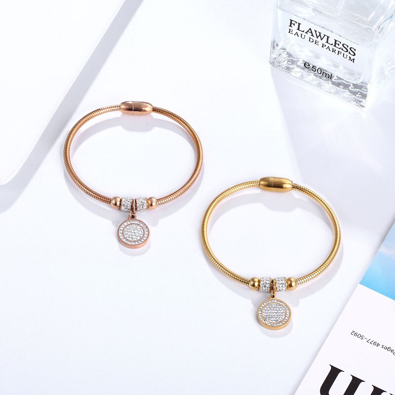 Beautiful Full Zircon Circle Charm Bracelet Bangle For Women Stainless Steel Magnet Clasp With Snake Chain Gold Plating Bangle