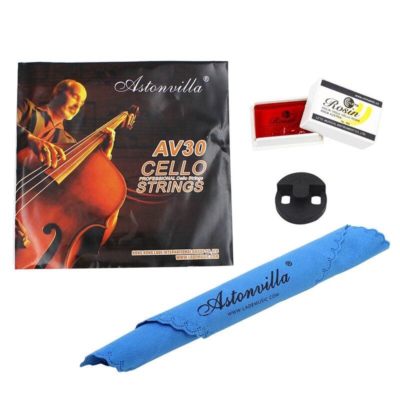 Astonvilla 4Pcs Cello Repair Kits Cello Strings + Cleaning Cloth + Rosin + Mute Guitar Musical Accessories