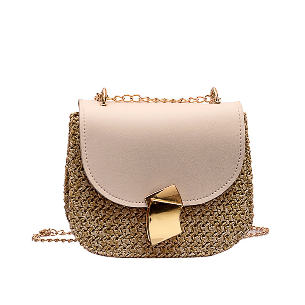 Vrouwen Messenger Bag Stro Strand Geweven Rotan Tas Ketting Band Vrouwelijke Schoudertas Kleine Dames Crossbody Flap Bag Bolsa Feminina: Beige