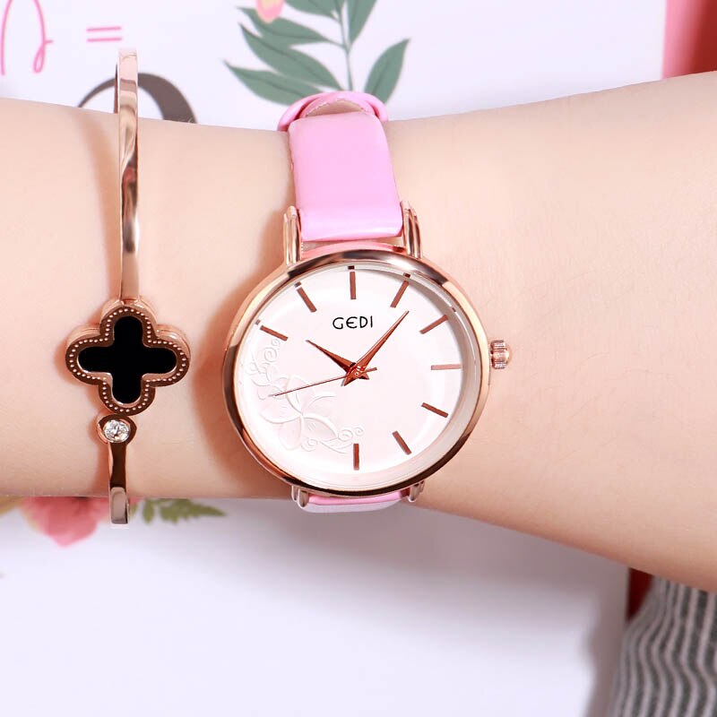 GEDI Frauen Uhr Ultra-dünne Quarzuhr Einfache Stil Geschäft Uhr Dame Lederband Uhr Frauen Armbanduhr Reloj mujer: Rosa
