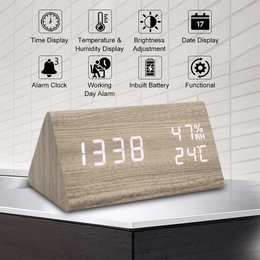 Multifunctionele houten klok led digitale klok kamfer houtnerf houten klok dempen geluid controle led elektronische wekker