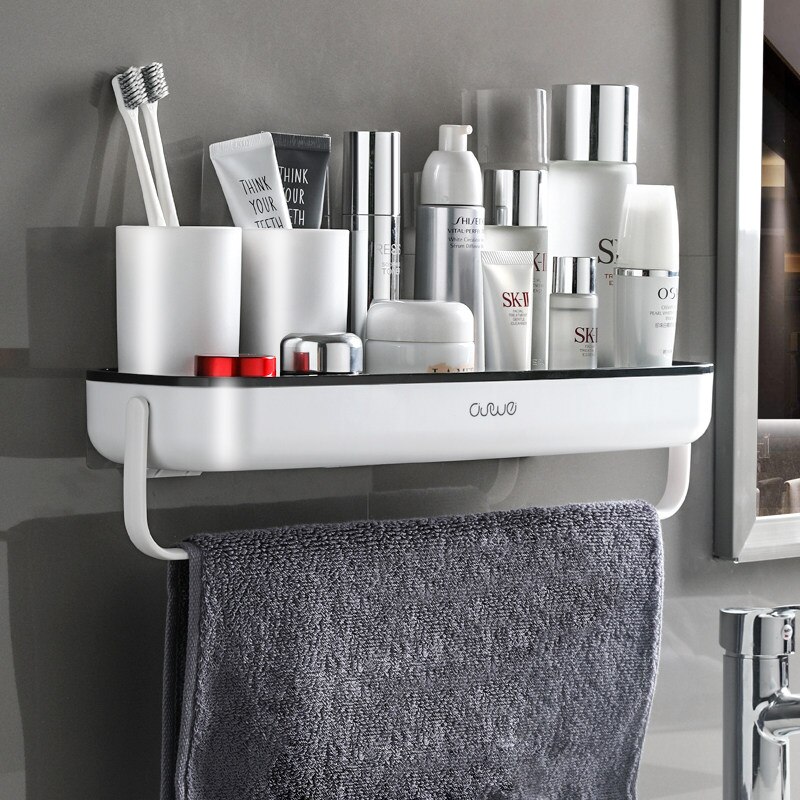Wall-mounted Bathroom Rack Storage Rack With Towel Rod For Kitchen Household Organizer For Bathroom Accessories Without Drill: Black-bar