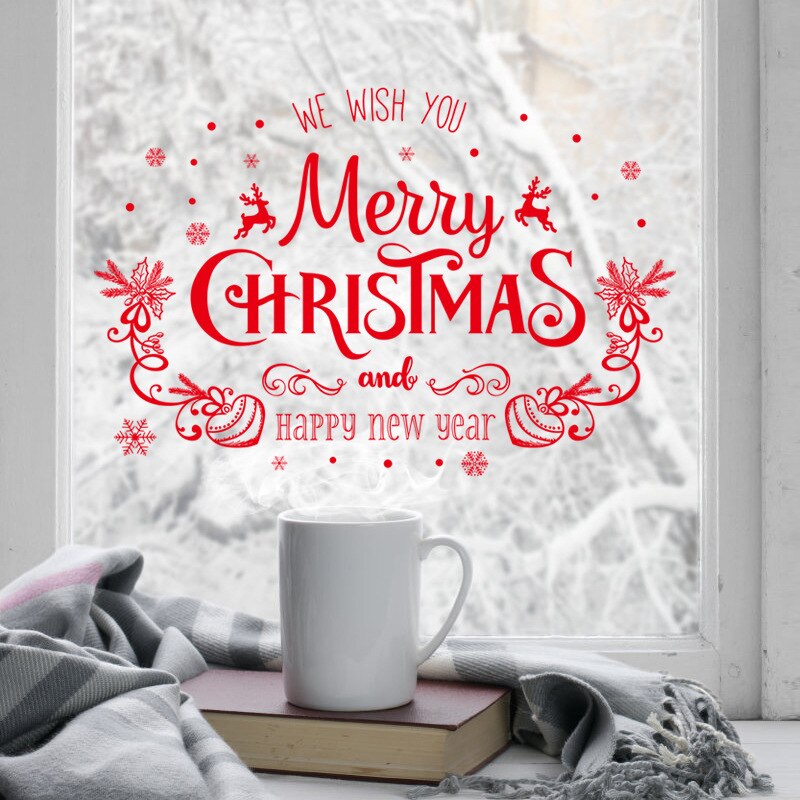 God jul fönster glasdörr dekoration år butik väggdekor konst jul röd heminredning pvc väggkonst avtagbar