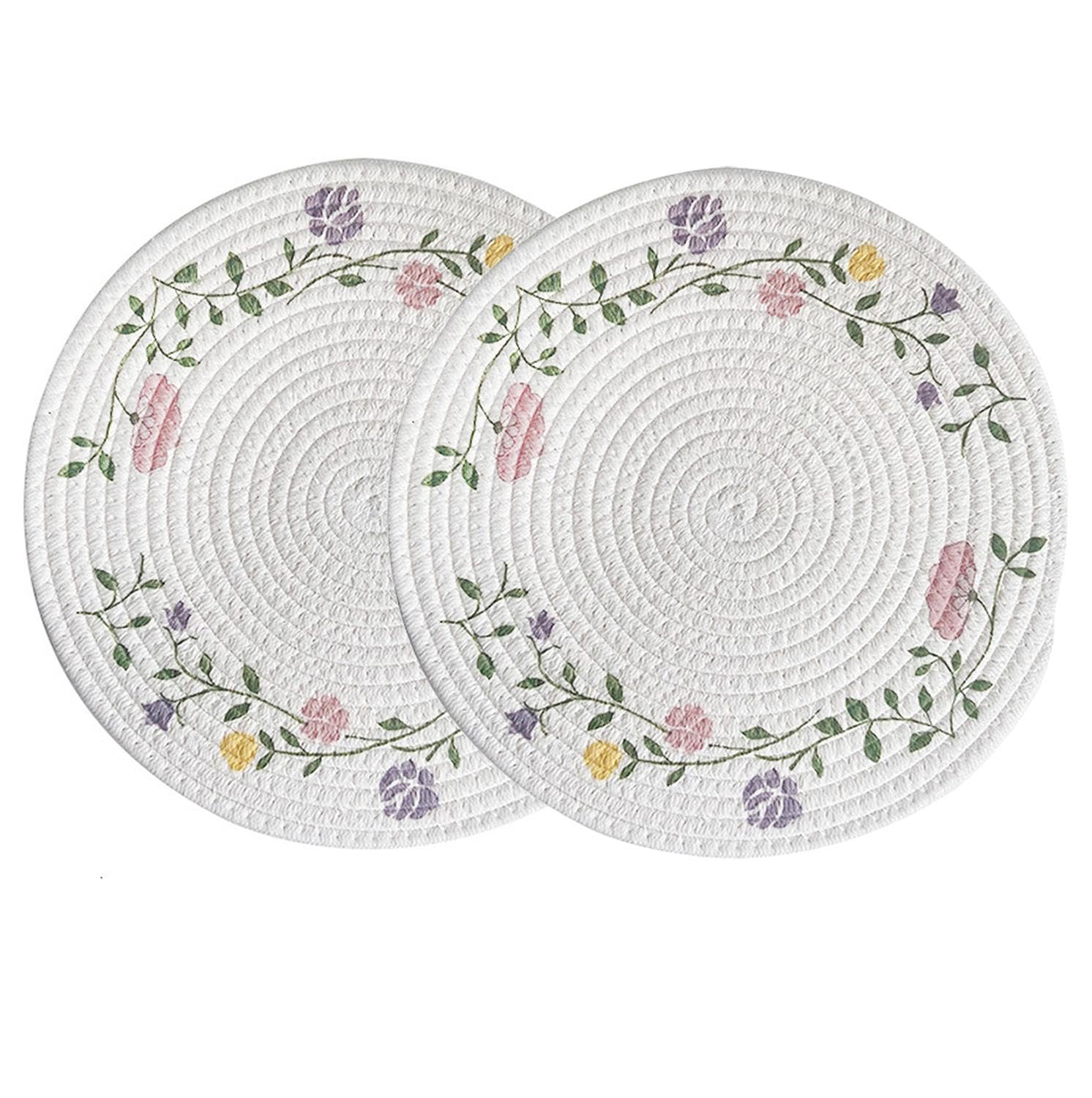 Round Boho Placemats Set of 2 Printed Cotton Rustic Table Place Mats Cute Woven Flower Farmhouse Dining Kitchen Table Mats