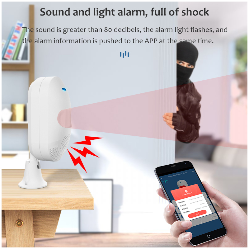 TUYA Wifi PIR sensore di movimento allarme cicalino incorporato USB/batteria dovuto metodi di alimentazione per automazione domestica sistema di allarme domestico