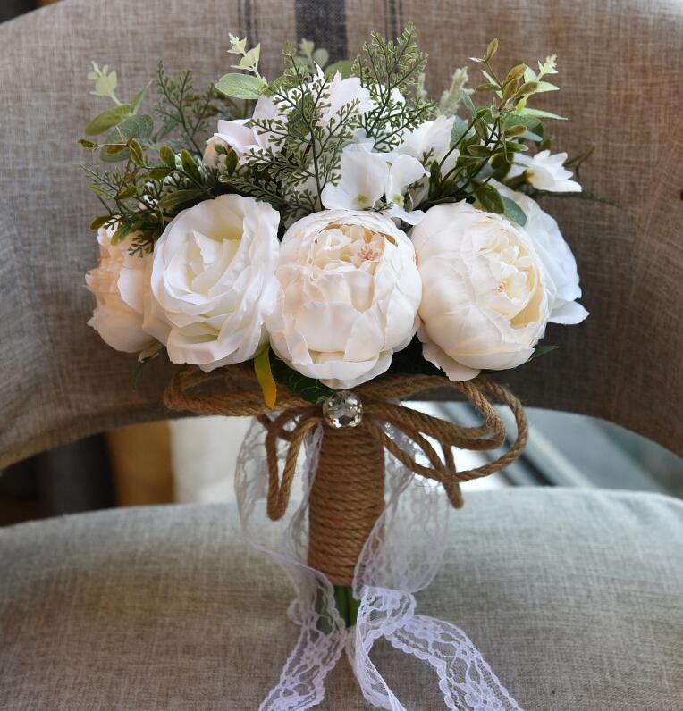 Missrdress buquê de casamento champanhe rendas buquês de noiva flores artificiais estilo rústico flores de casamento para casamento accessorie: White