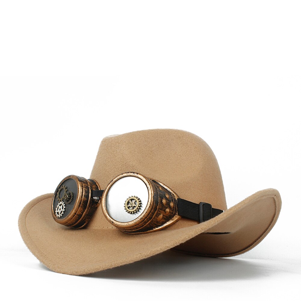 Sombrero de vaquero Steampunk para Hombre y mujer, Sombrero de lana con agujeros en el exterior, estilo occidental, Jazz, talla 56-58: Khaki