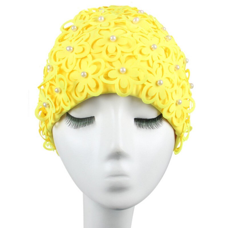 Oorbescherming voor dames, badmuts, handgemaakt, waterdicht, elastisch, badmuts met bloemblaadjes, voor dames met lang haar.: Geel