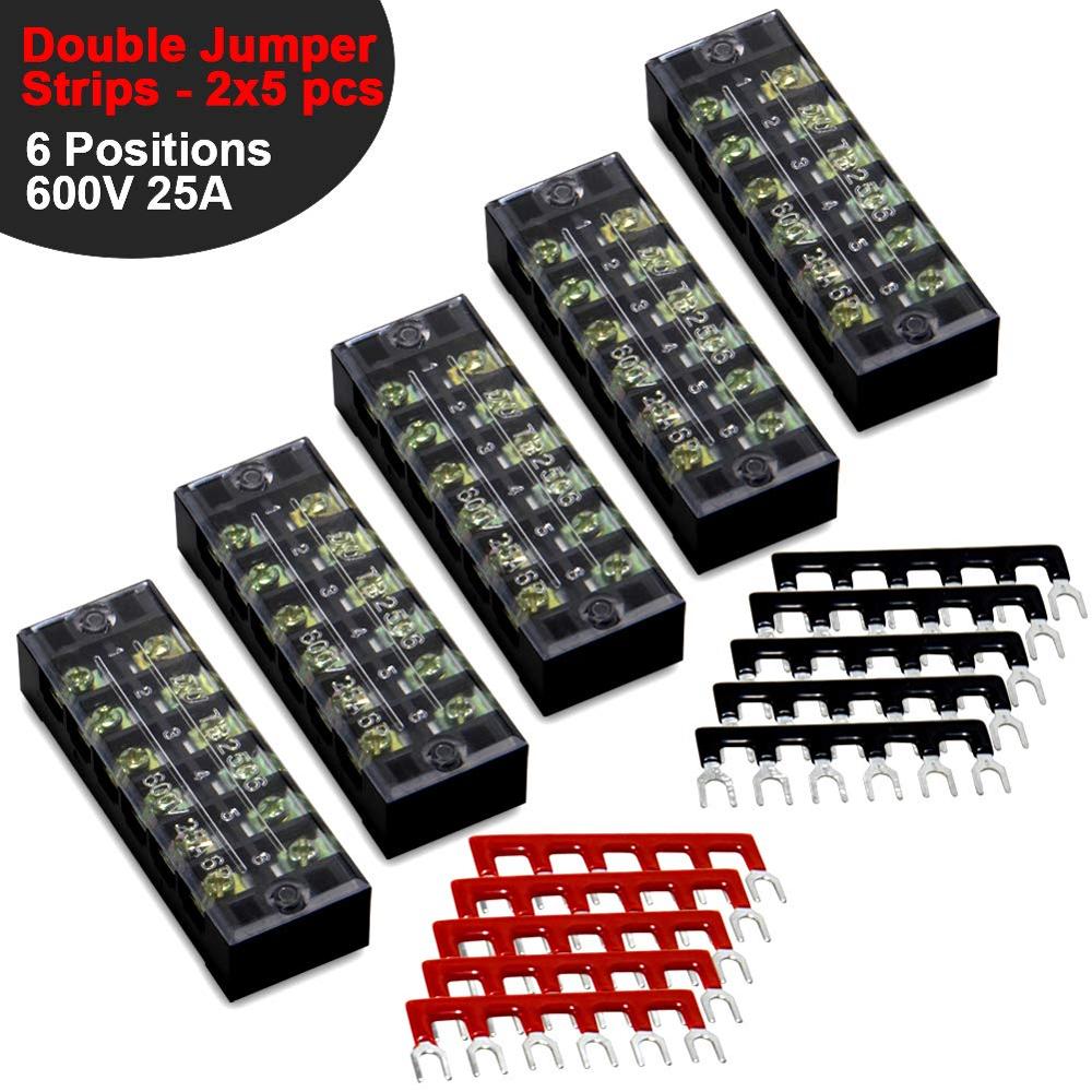 Terminal Block 8 Positions 600V 25A Dual Row Screw Terminals Strip Cover 400V 25A Pre-Insulated Terminal Barrier Jumper Strips: 25A 6P 10pcs Jumpers