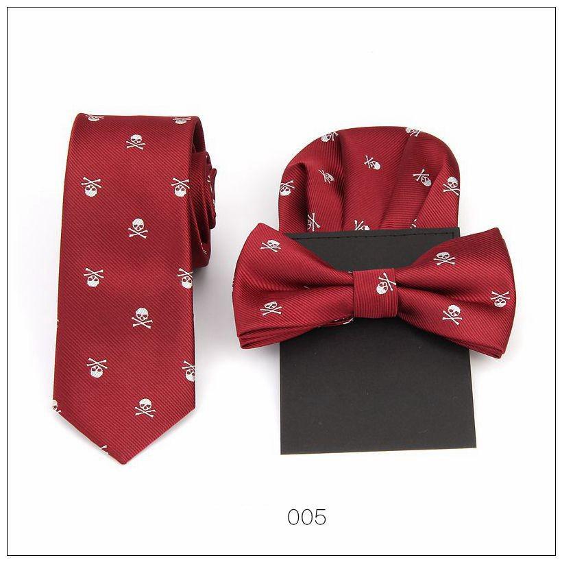 Men's tie bow tie handkerchief set skull hanky pocket square polyester bowknot butterfly wedding bowtie necktie prefold hankies: 5