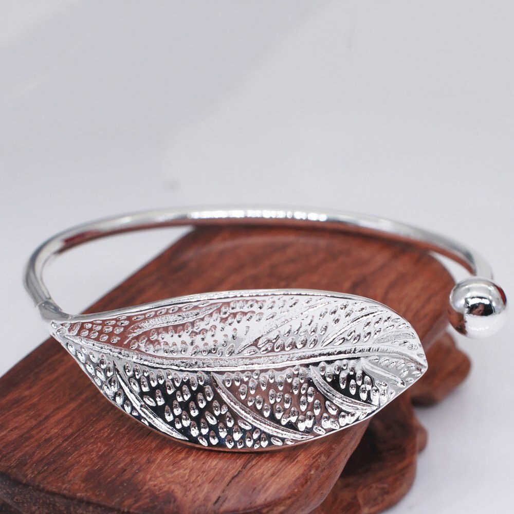 Vintage Leaf Open Bangle Verzilverd Pols Sieraden Voor Vrouwen Simple Shining Manchet Armband