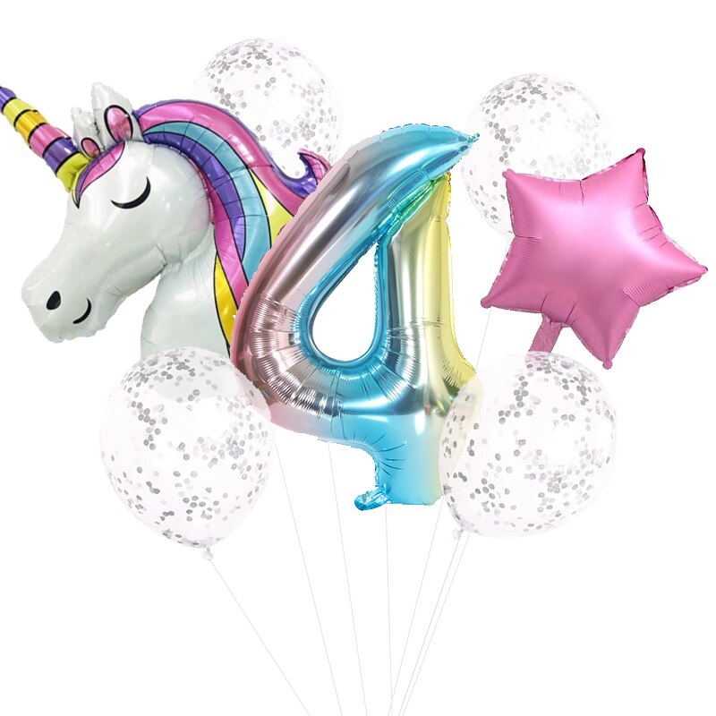 7 st regnbåge unicorn party ballonger unicorn födelsedagsdekoration nummer ballong barn födelsedagsfest dekoration för tjejer: 4 enhörning