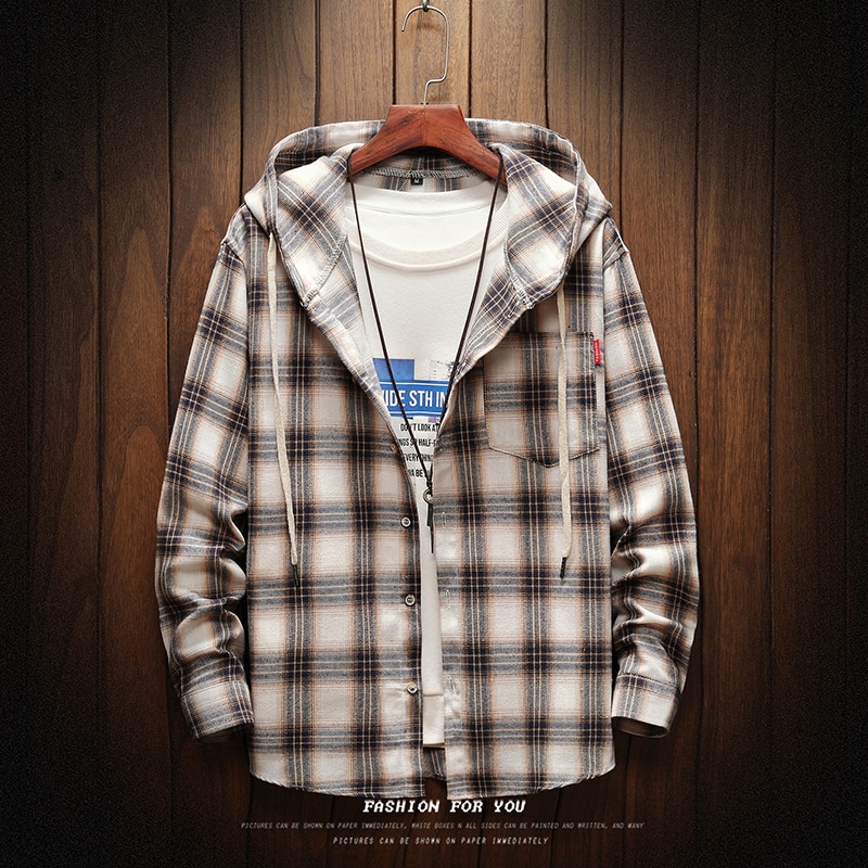 lässig Mit Kapuze Plaid Hemden für männer Lange Ärmeln Neue Frühling Herbst Plus Asiatische Größe M-5XL 100% Baumwolle