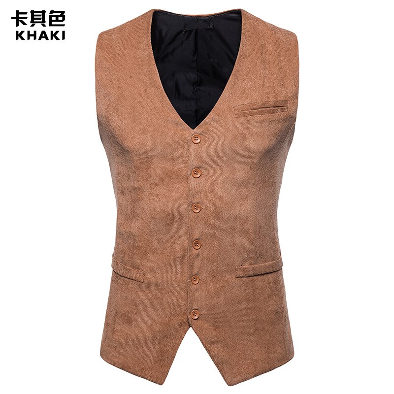 Corduroy pak vest heren herfst mouwloos vest heren slim fit zakelijk bruiloft smoking vest voor heren xxl: Khaki / S
