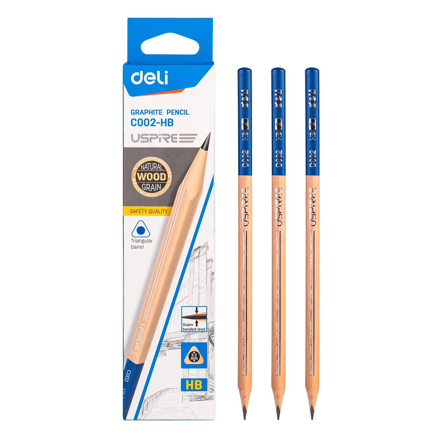 Deli HB Pencil Triangle Pencils 12 Pcs/Set Blue Black Dipped Head Graphite Lead Core Students Writing Stationery EC002-HB