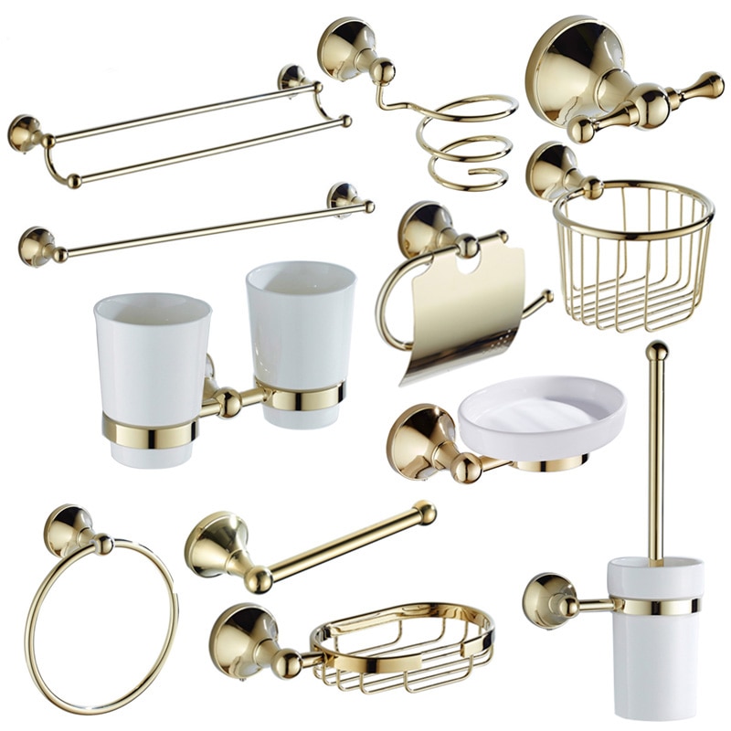 Luksus guld badeværelsestilbehør messing håndklædehylde toiletpapirholder sæbeholder håndklædeholder tørretumbler