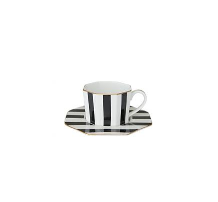 British style 9inch Octagonal Ceramic Plate Black White Dot Stripe Tableware Coffee Plates Dishes Afternoon Tea Set Home Kitchen: 2pcs2