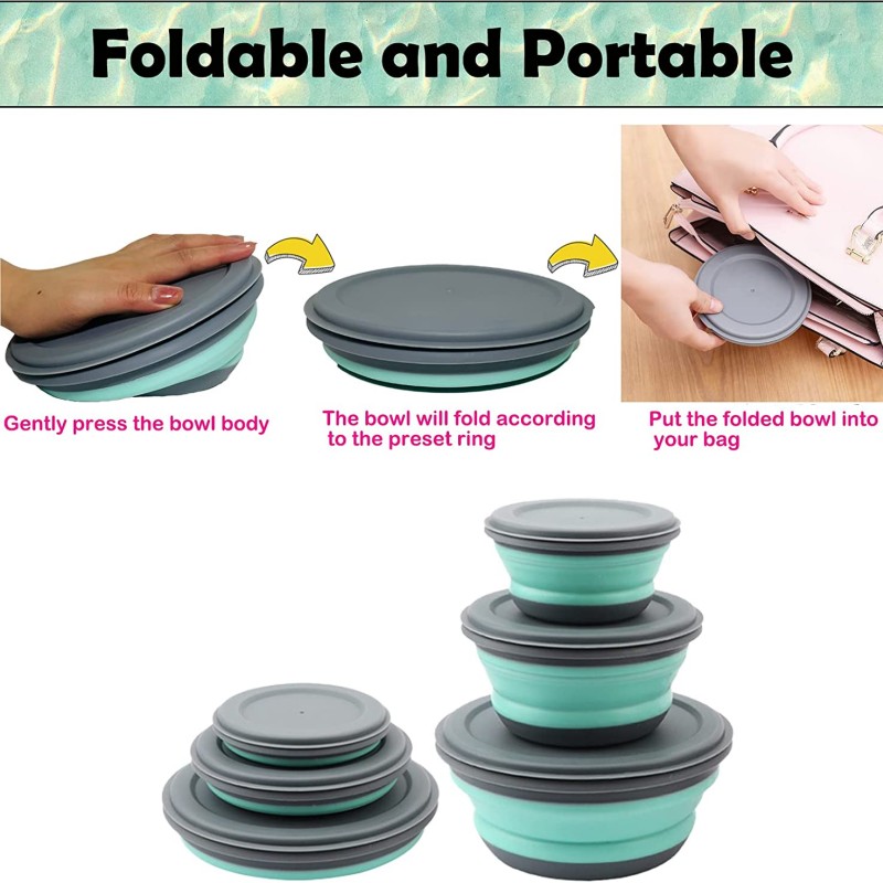 3 unids/set cuenco de Camping plegable de silicona, fiambrera, ensaladera, tapa, contenedor de almacenamiento de alimentos expandible, caja Bento