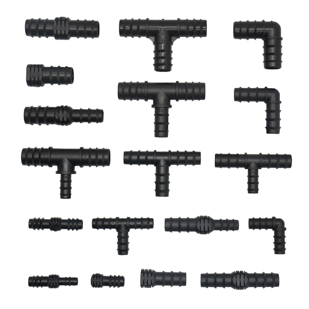 Plastic Hose Barb Connectors 16/20/25mm Pe Tube Tee Elbow Cross End Plug Reducing Coupler Drip Irrigation Fitting 1/2 3/4 1"