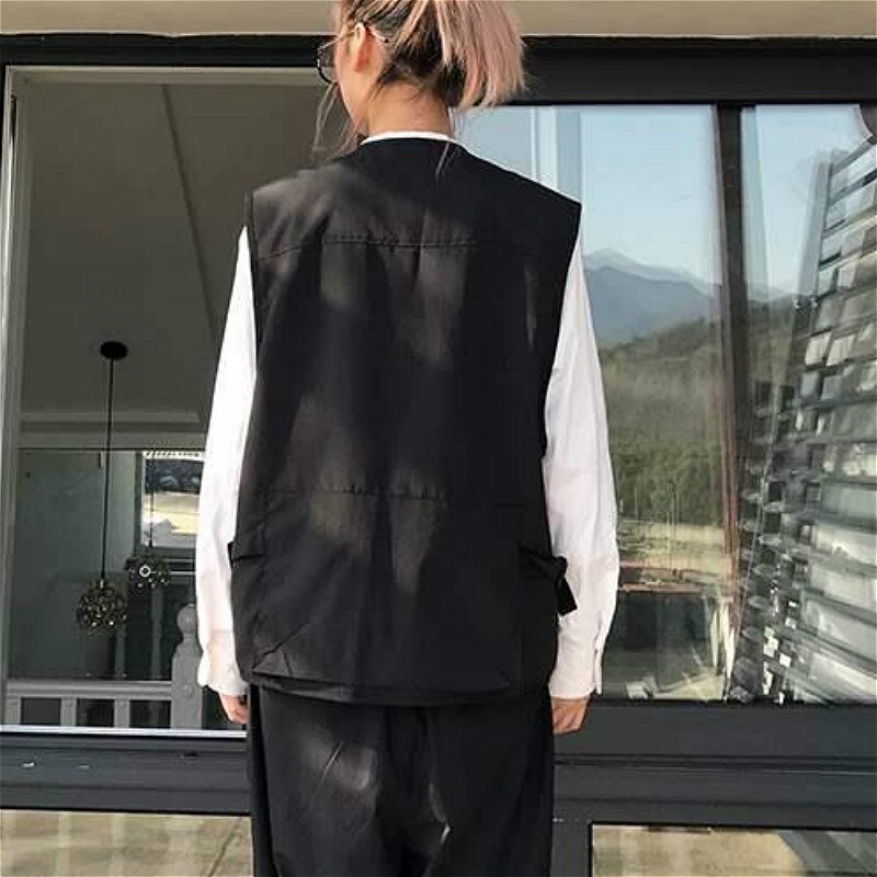 Gilets femmes japon Style Harajuku poches Cargo Chic adolescents sans manches veste rue collège unisexe été dames vêtements d'extérieur