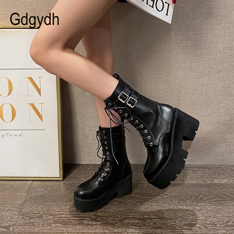 Gdgydh-Botines de motocicleta con plataforma para mujer, calzado Oxford de cuero negro con cordones, estilo gótico, para primavera,