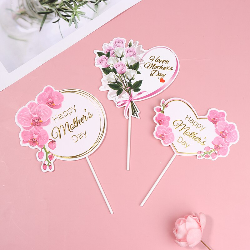 10pcs Cake Topper Pink Heart Flower Decoration Happy Mother`s Day Cake Toppers For Mother`s Day Cupcake Dessert Supplies