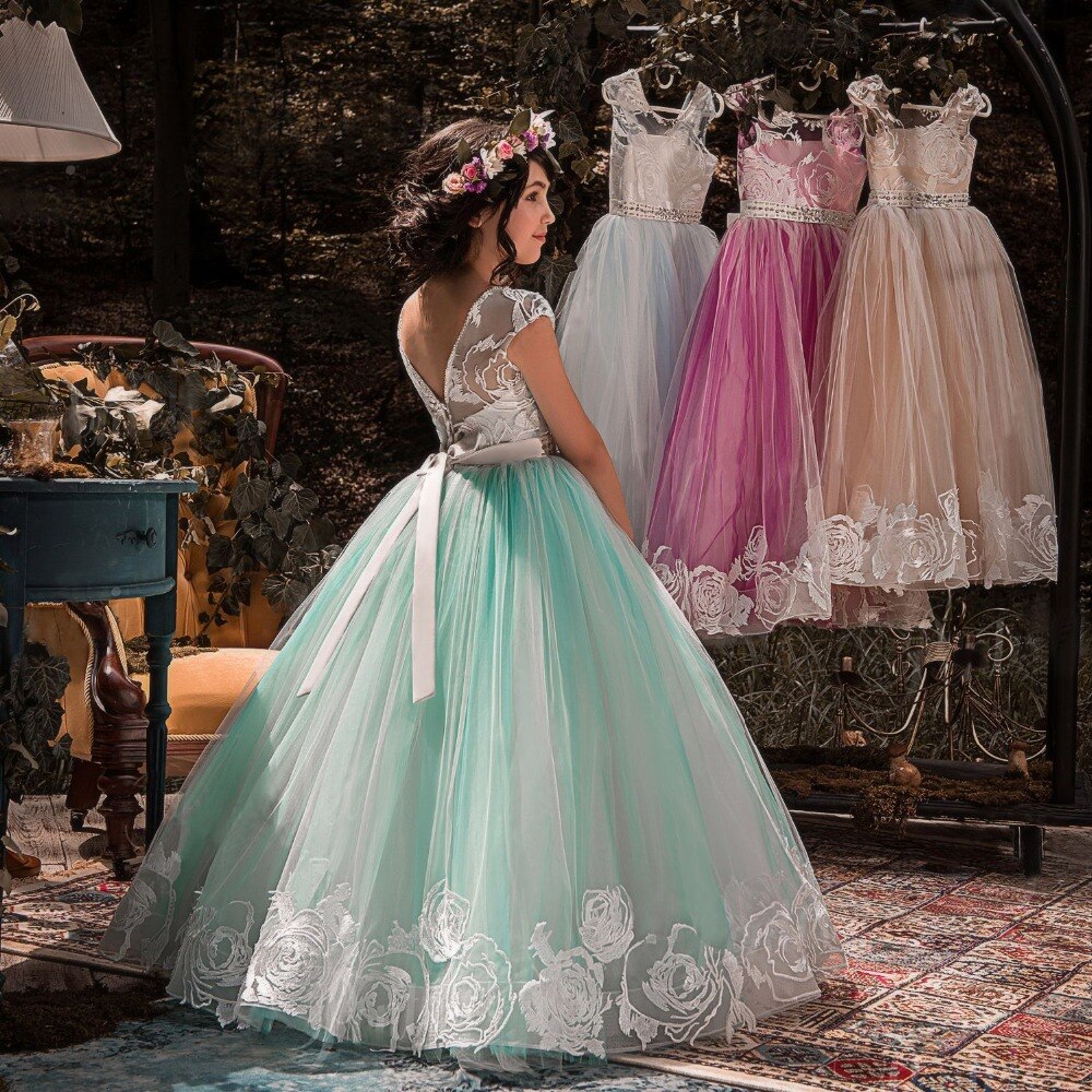 Mint Green Ball Gown Lace Flower Girl Dresses Floral Organza Floor Length Girls Pageant Dresses First Communion Dresses