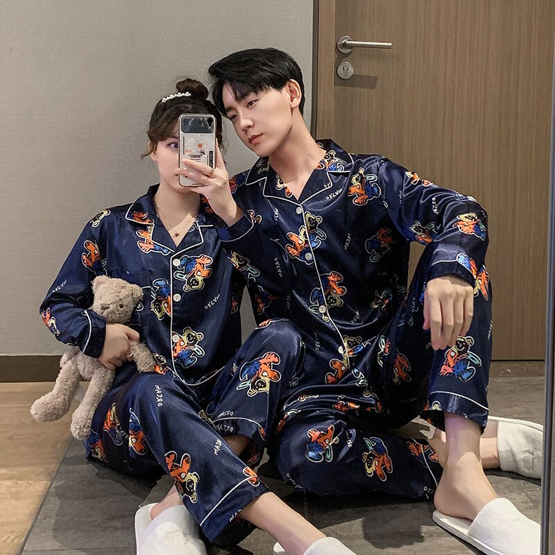 Women Satin Silk Pajamas Sets Adult Spring Faux Silk Flower Print Sleepwear Two pcs long Sleeve Shirt and Pant V-Neck Nighties