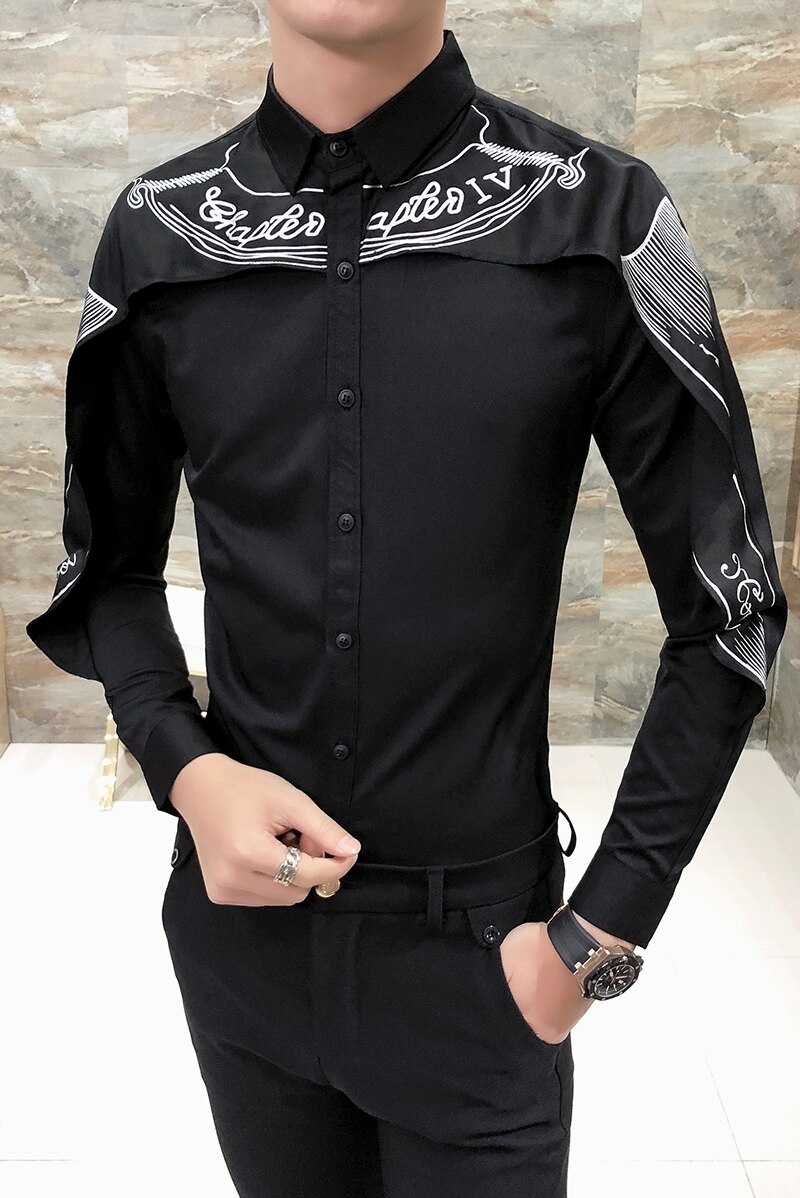 Skjorte koreansk langærmet slim fit gotisk skjorte camisa mænd bryllupsskjorte patchwork skjorte sort hvid