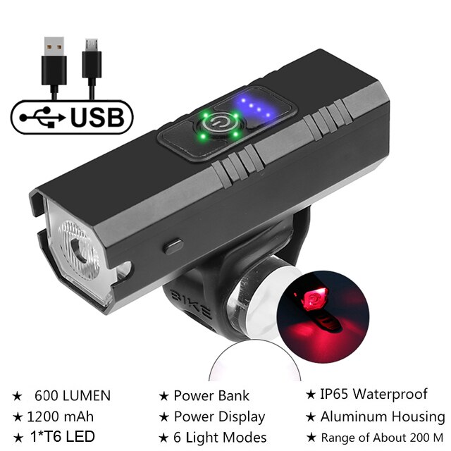 NEWBOLER-faro delantero para bicicleta de montaña, linterna de 1200 lúmenes, batería externa de 5200mAh, recargable vía USB, resistente al agua IPX5: NB-LIG507A