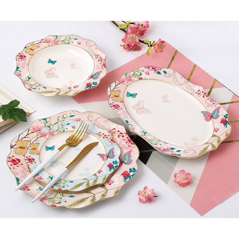 Ceramic Plate Set Glazes Party Flora Tableware Set Porcelain Breakfast Dessert Plates Dishes Noodle Bowl Coffee Cup Home Decor