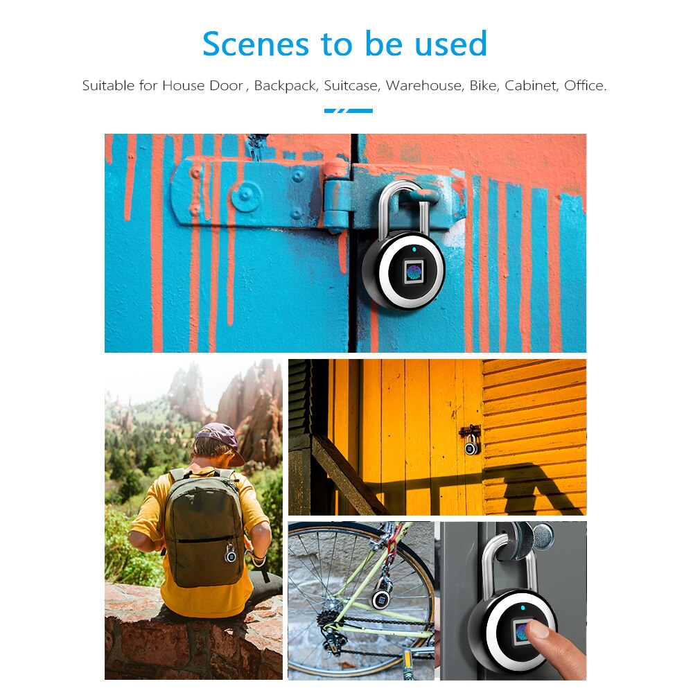 Smart Fingerprint door lock BT Padlock Unlocking by Fingerprint&APP Rechargeable Keyless 10 Fingerprints IP65 Waterproof