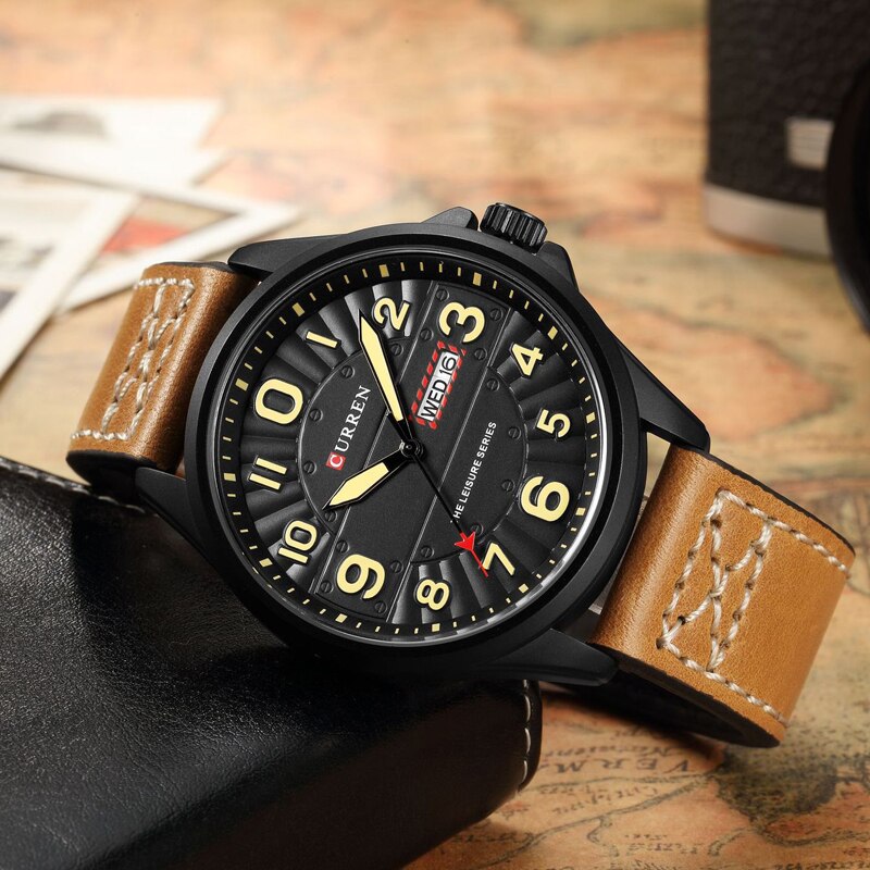 CURREN-reloj analógico con correa de cuero para hombre, accesorio de pulsera de cuarzo resistente al agua con cronógrafo, complemento masculino deportivo de de lujo con moderno