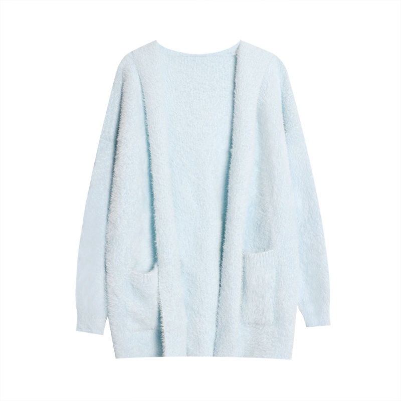 Hvid minkpels hættetrøje strikket cardigan kvinder efterår og vinter løs doven stil tyk mælk fufu sweaterjakke: S / Lilla