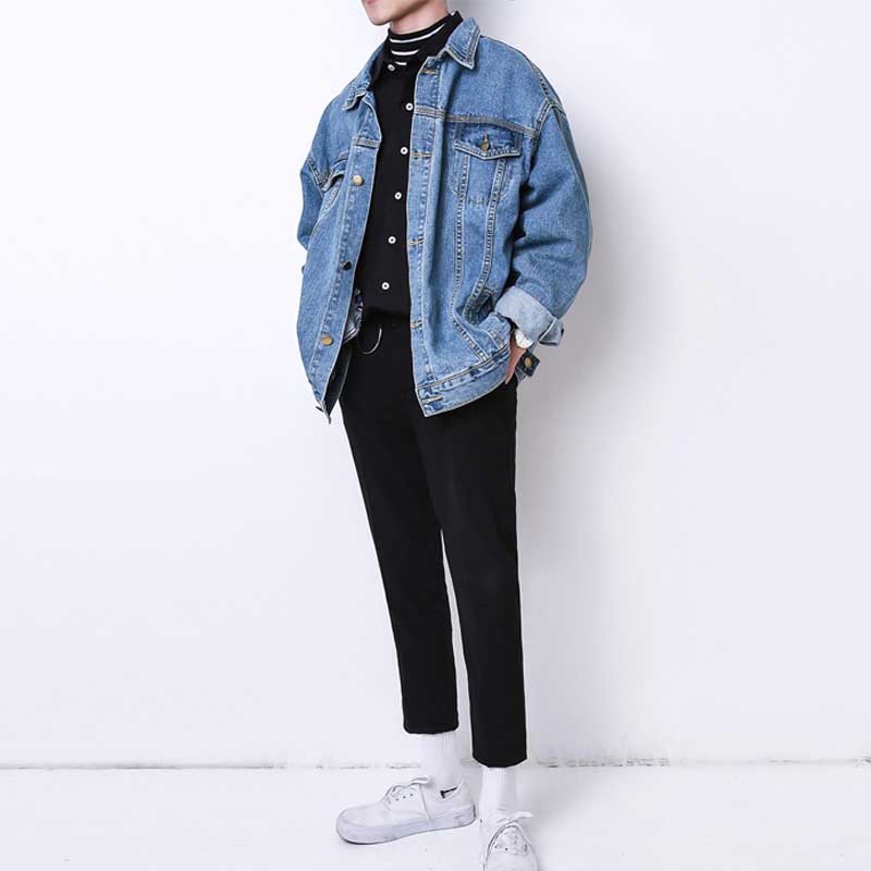 Høst vinter koreansk løs oversize denim jakke menns retro last vask student tenåringetone jakke menn klær