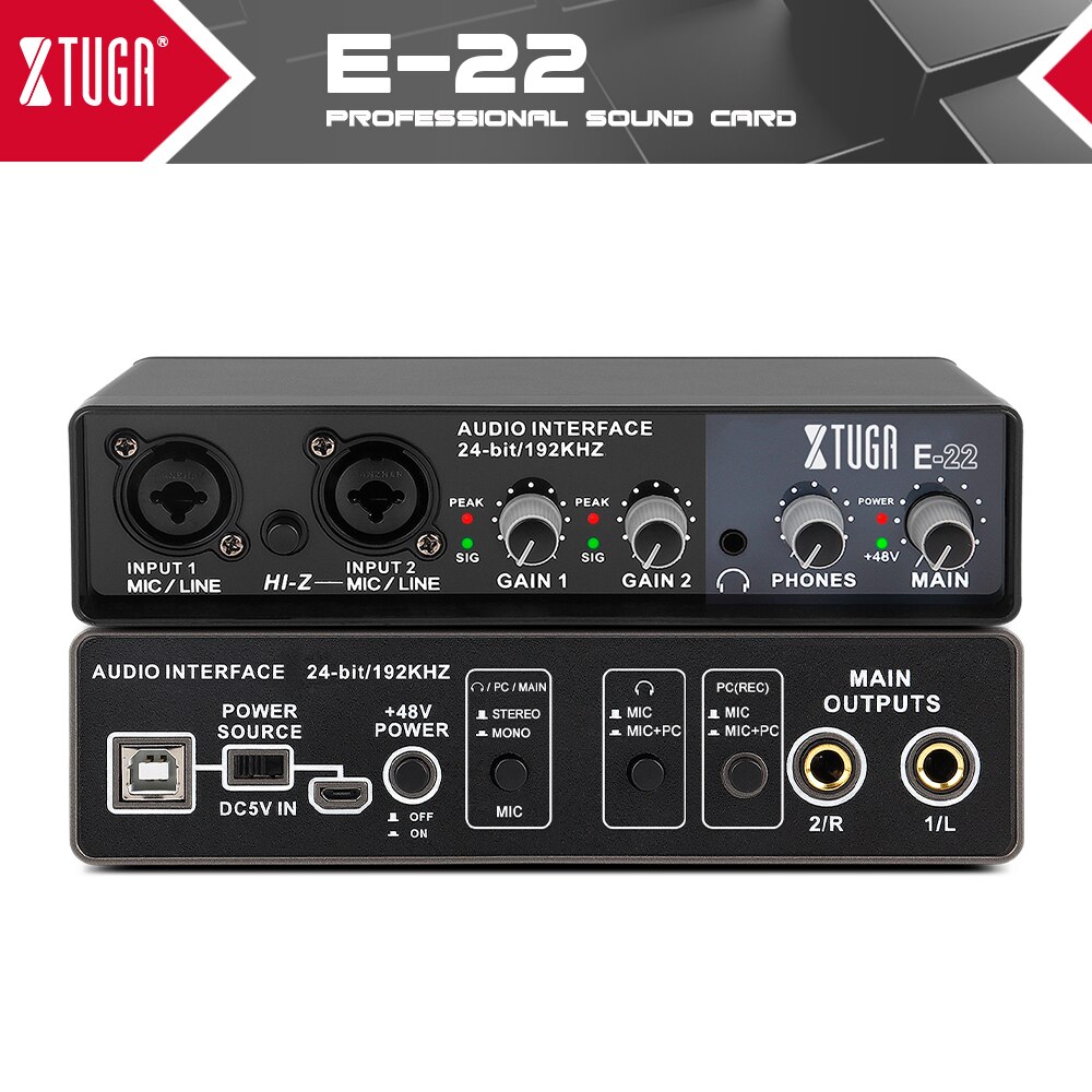 Xtuga  e22 audio interface lydkort med overvågning, elektrisk guitar live optagelse lydkort til studie, sang