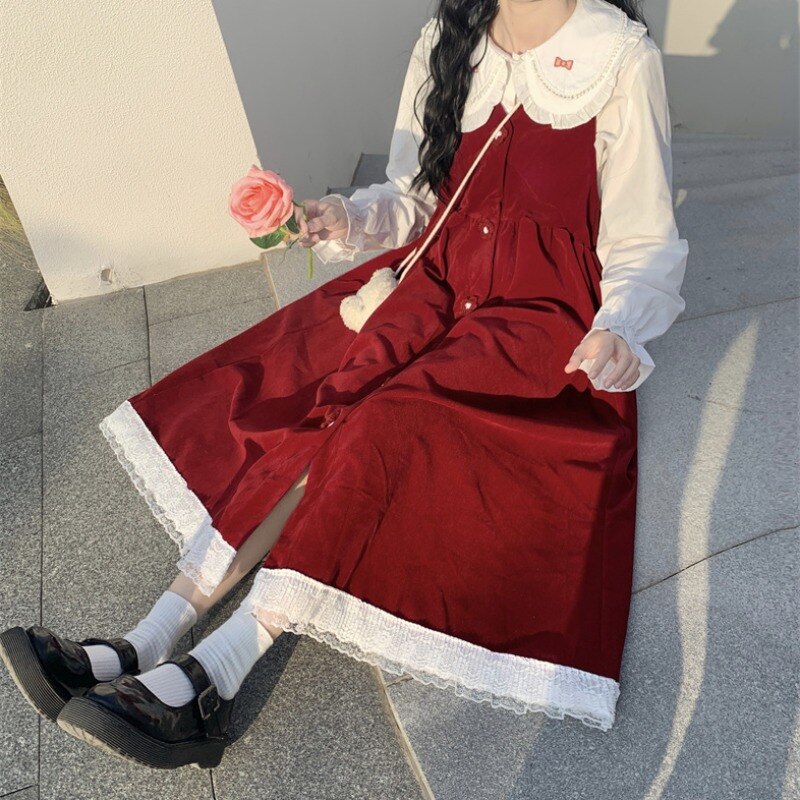 Japanese Style Dress for Women Autumn and Winter Small Sweet Gentle Cute Fairy Suspender Dress Mori Style Retro Long Dress