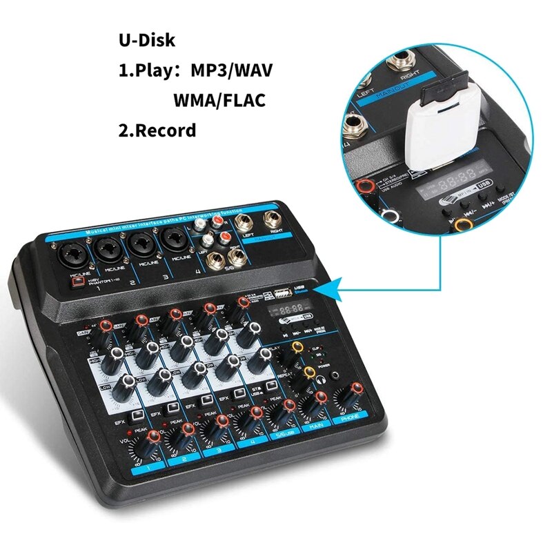 Audio Mixer 6-Channel DJ Sound Controller Interface With USB,Soundcard For PC Recording,USB Audio Interface Audio Mixer