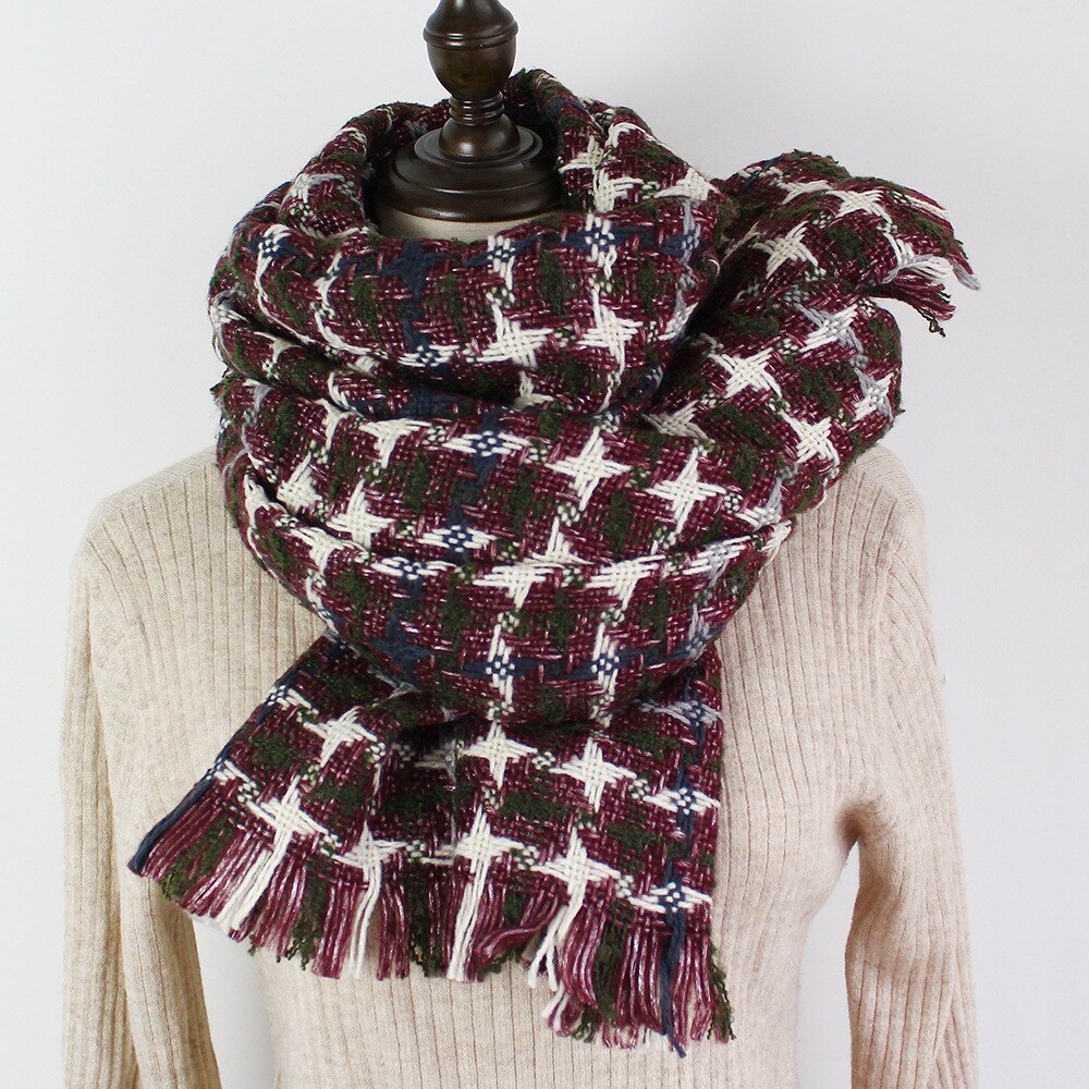 Rainbow Winter Plaid Scarf Women Thick Warm Shawls Wraps Lady Scarves Tassels Pashmina Blanket Houndstooth Foulard Red