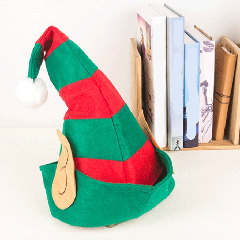 --Christmas Elf Hat Adults with Ears Red Green Striped One Size Fits Most Non-Woven Elf Hat with Ears