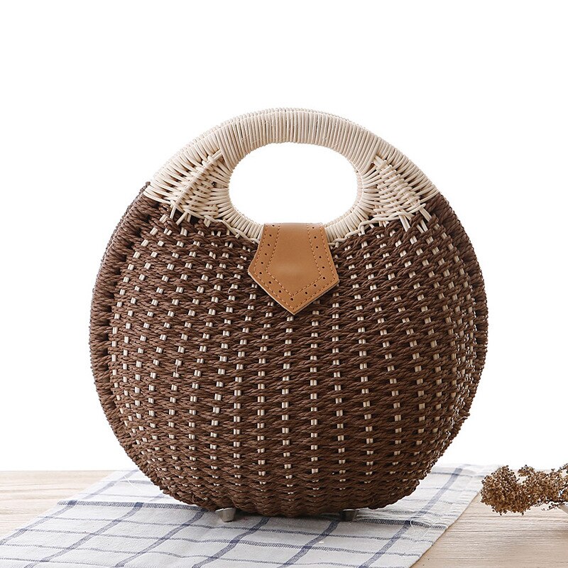 Bolsos De Paja De Concha De Verano Para Mujer, Bolso Tejido De Mimbre Hecho Een Mano, Para Playa: brown