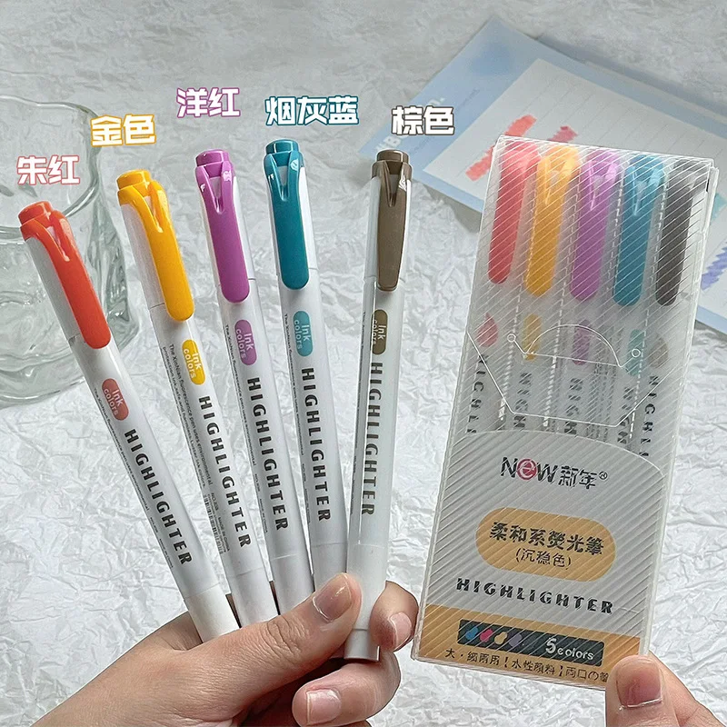 5 culori/cutie evidențiator cu două capete, markere fluorescente pentru desen, pixuri evidențiatoare, artă japoneză drăguță, stilou pastel, papetărie: Alb