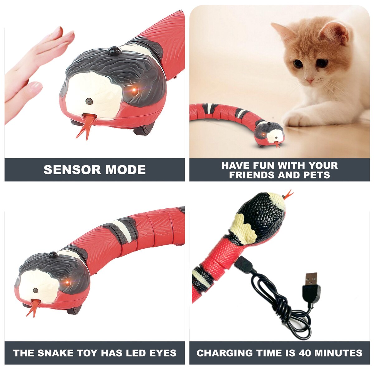 Giocattoli per gatti interattivi con rilevamento intelligente serpente elettronico automatico gatto Teasering gioca giocattoli per gattini ricaricabili USB per gatti cani animali domestici