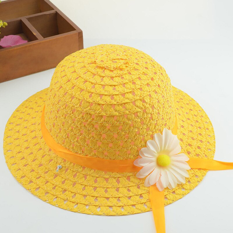 Girls Sun Flower Straw Hat Handbag Set Cute Lovely Princess Summer Beach Outdoor Travel Pure Color Sun Hat: 01