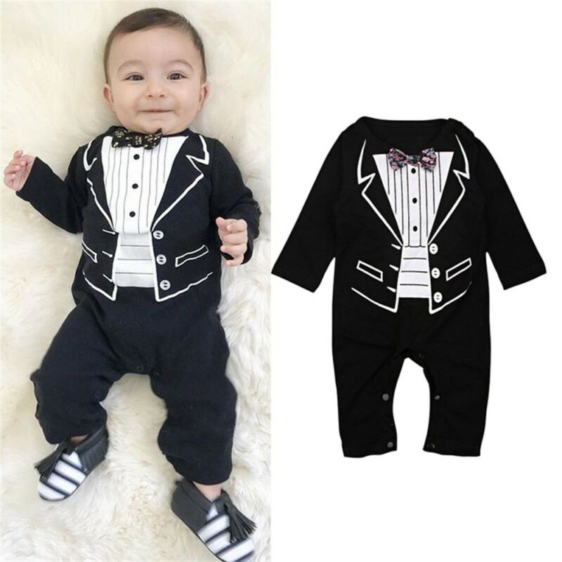 Nyfødt baby drenge romper jumpsuit smoking gentleman formelt jakkesæt langærmet bomuld fødselsdagsfest babytøj
