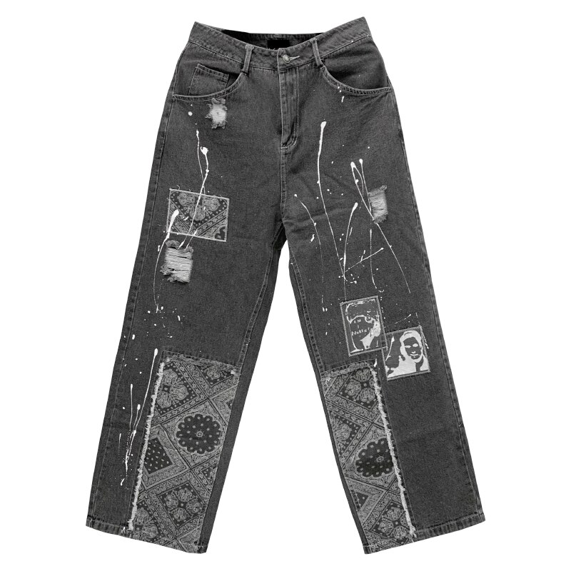 UNCLEDONJM Cashew Flower Patchwork jeans denim black jeans men baggy jeans women Graffiti hip hop jeans loose men clothing Ygh01