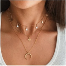 Clavicle Short Punk Golden Multilayer Moon Star Necklace Gothic Jewelry Crystal Pendant Women's Girl